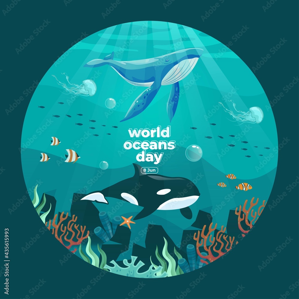 6月8日世界海洋日。拯救我们的海洋。大型虎鲸和鱼类与bea一起在水下游泳