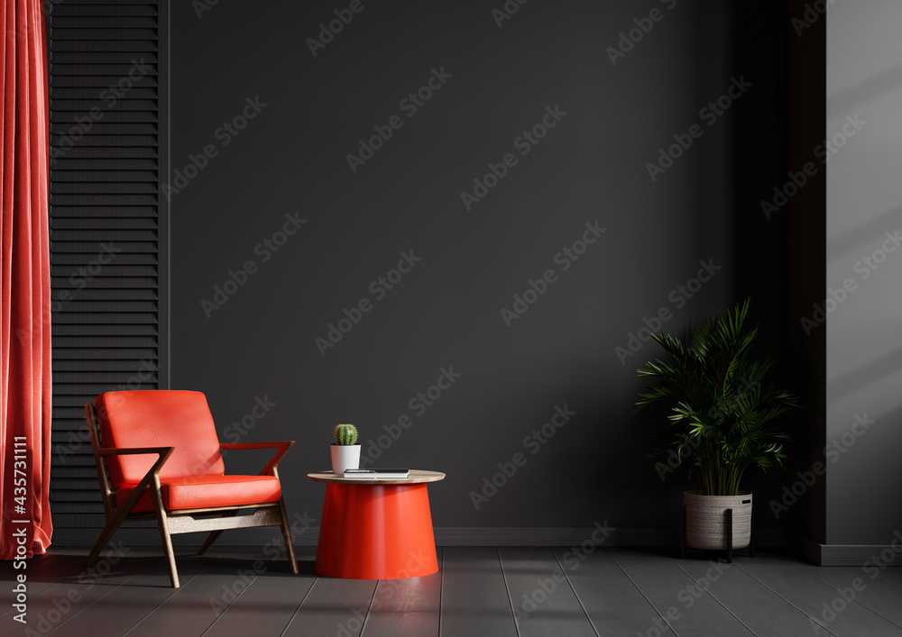 客厅内墙模型采用黑色色调，深色背景为红色皮扶手椅。