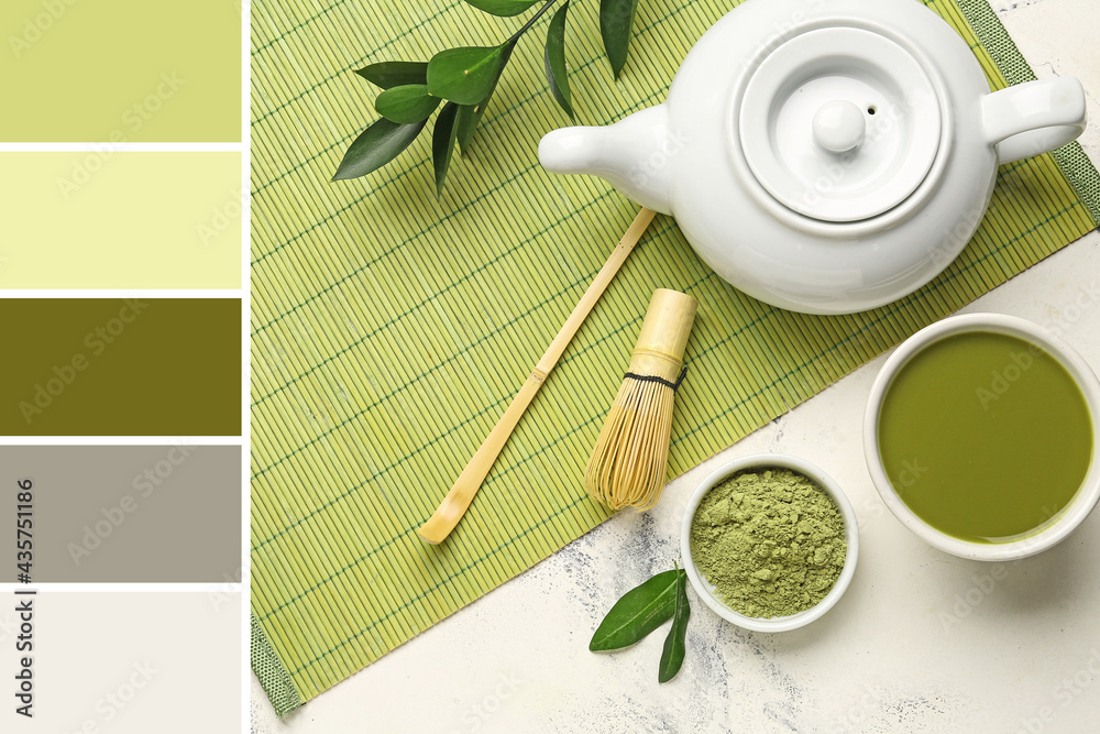 Healthy green matcha tea on light background. Different color patterns