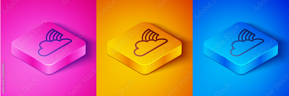 Isometric line Rainbow with clouds icon isolated on pink and orange, blue background. Square button.