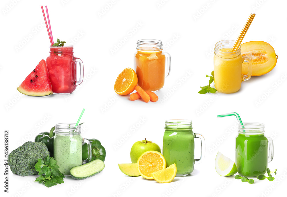Mason jars of different healthy juices on white background