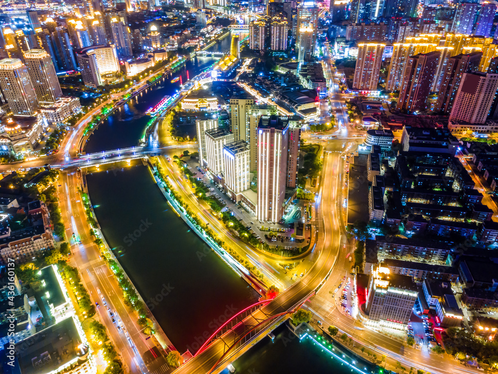 天津城市建筑景观天际线夜景航拍
