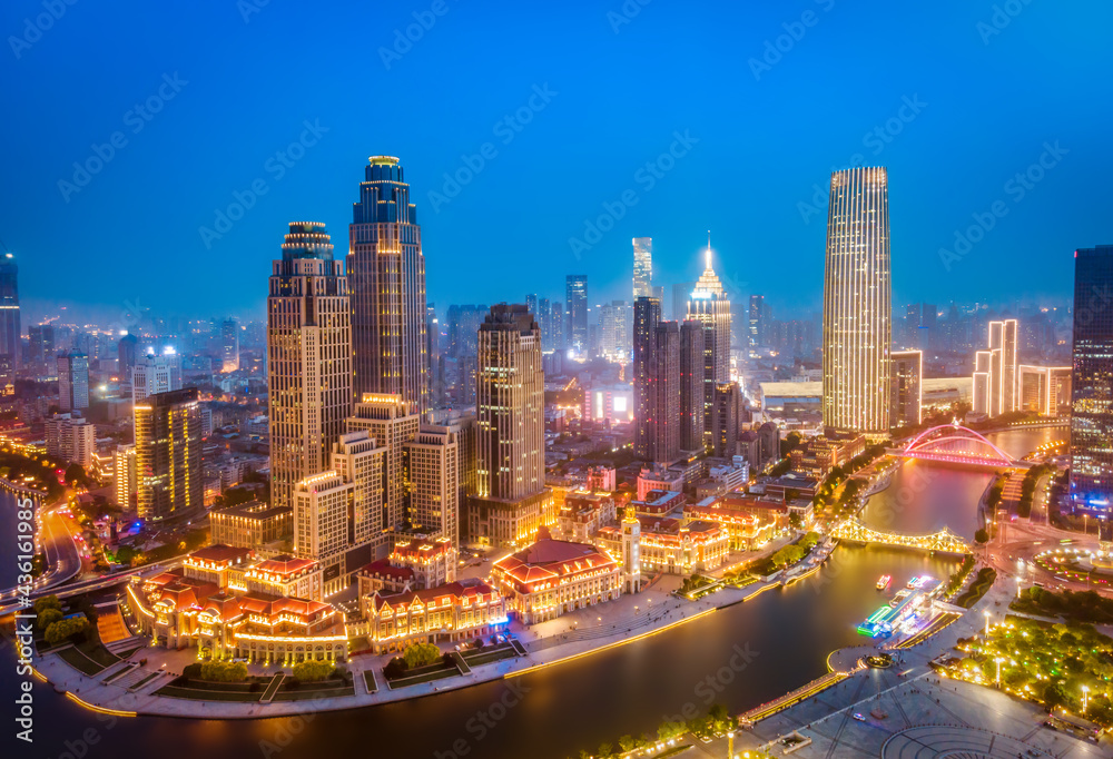 天津城市建筑景观天际线夜景航拍