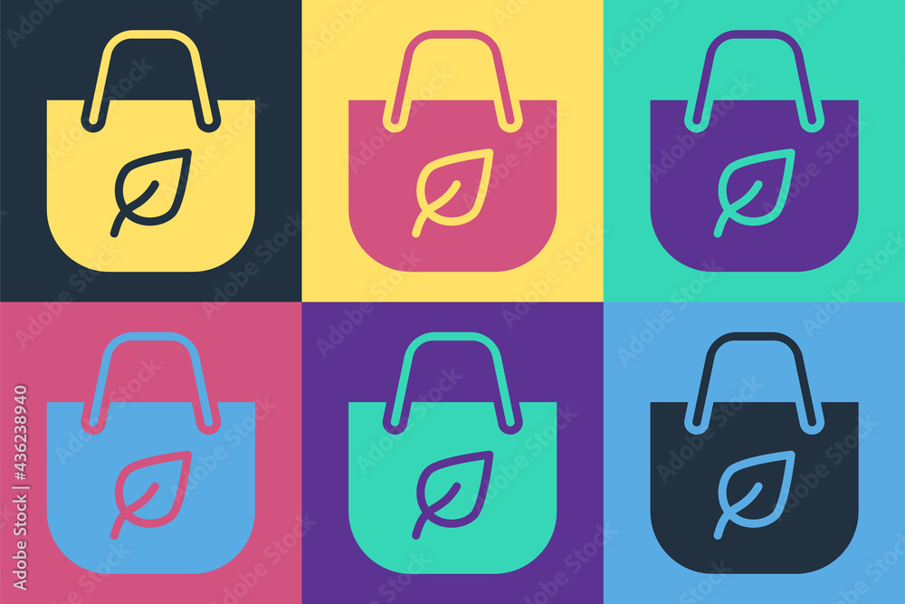 流行艺术纸质购物袋，彩色背景上隔离回收图标。带有回收符号的袋子