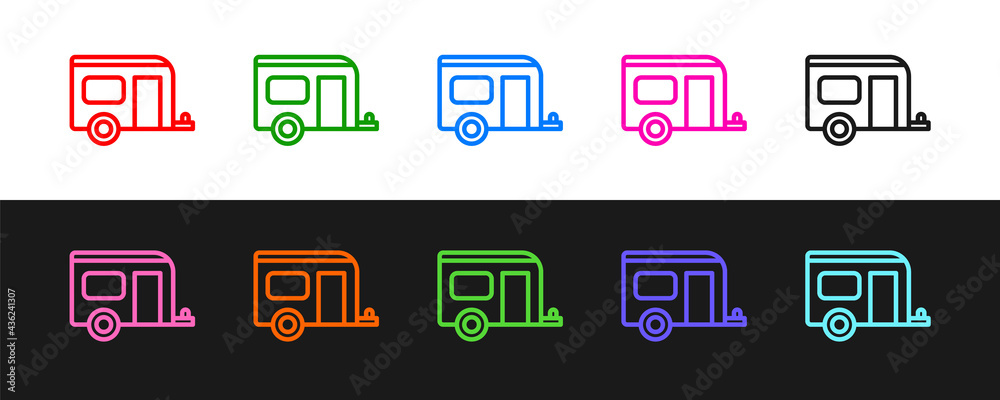 设置线路Rv露营拖车图标，隔离在黑白背景上。旅行移动房屋，房车
