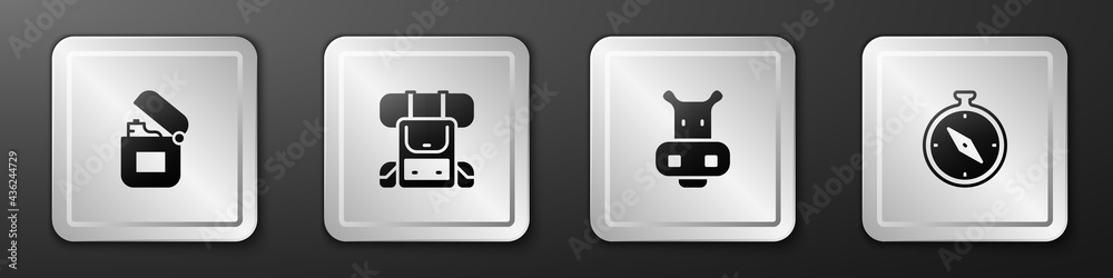 Set Lighter, Hiking backpack, Hippo or Hippopotamus and Compass icon. Silver square button. Vector