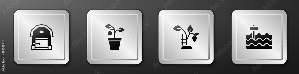 Set Farm house, Plant in pot, Strawberry bush and Garden bed icon. Silver square button. Vector