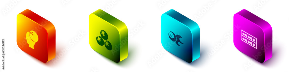 Set Isometric Bowling ball, Billiard, and balls on stand icon. Vector