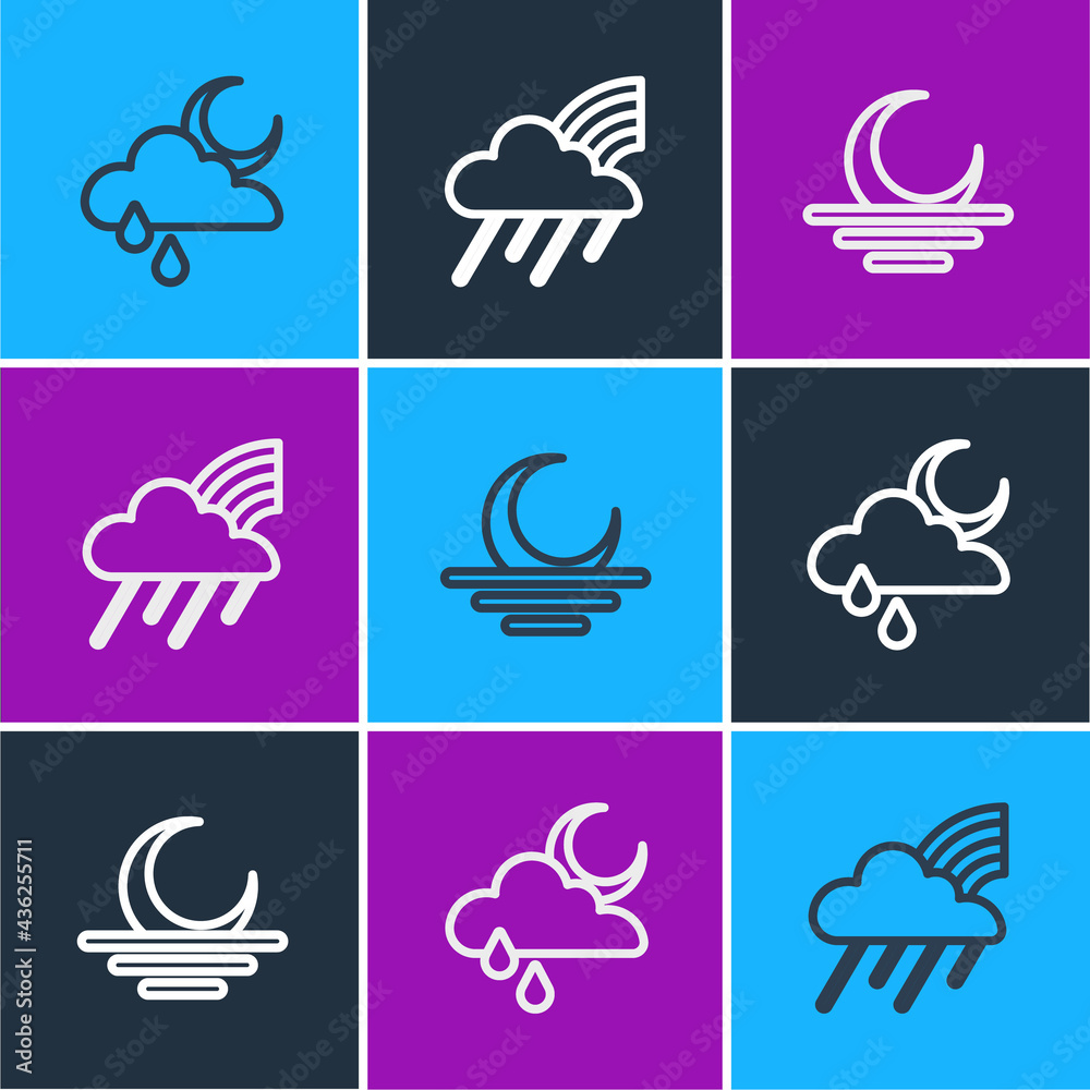 Set line Cloud with rain and moon, Sunset and Rainbow cloud icon. Vector