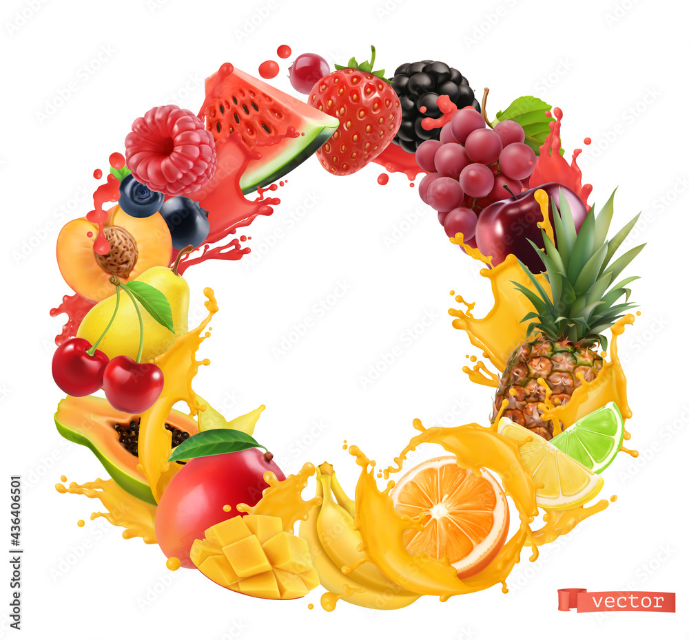 水果和浆果圆形框架。飞溅的果汁。三维矢量逼真物体。西瓜，香蕉，圆周率