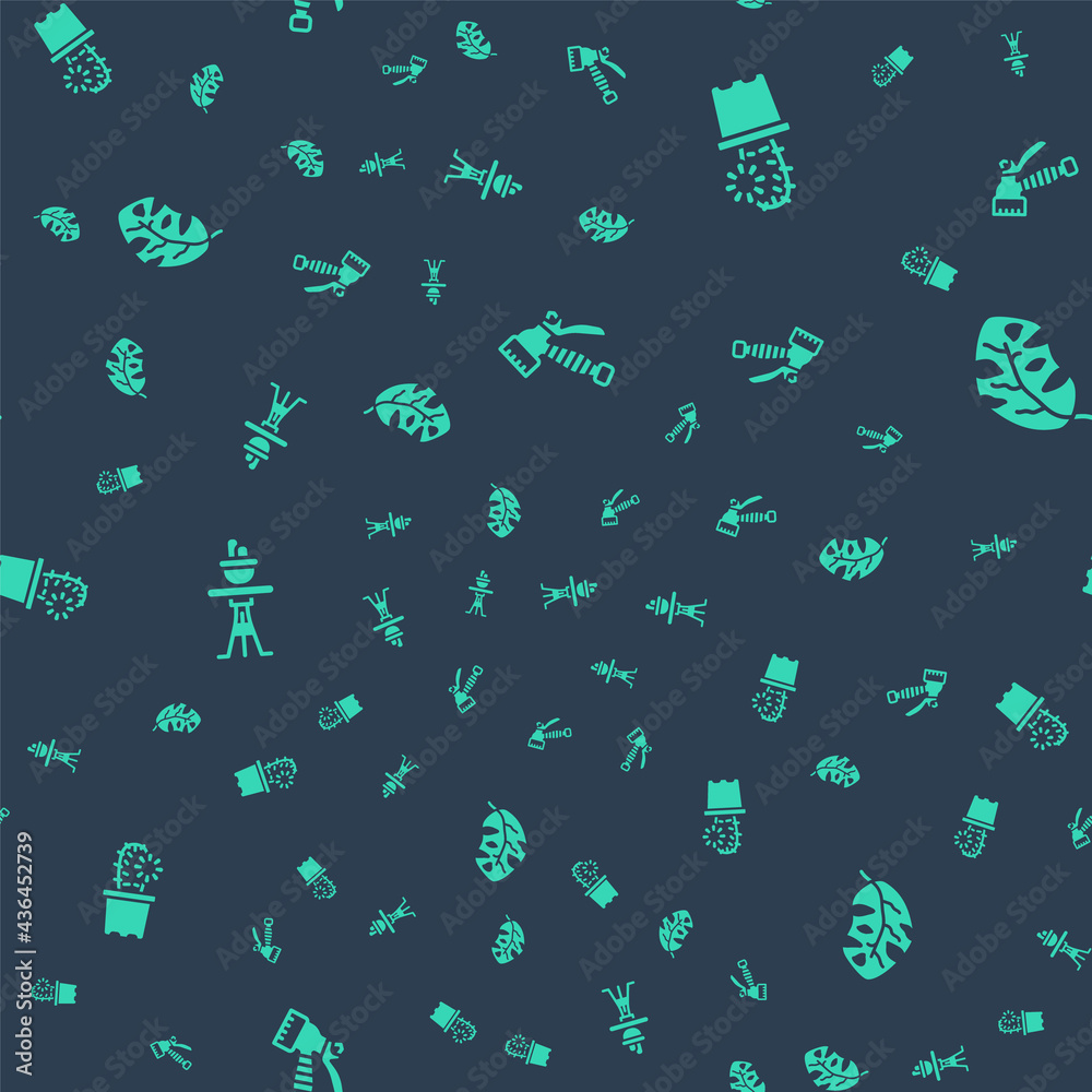Set Water spray bottle, Cactus peyote in pot, Plant on table and Tropical leaves on seamless pattern