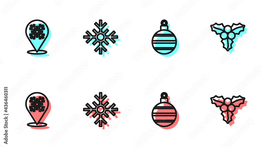 设置线圣诞球、雪花和分支viburnum图标。矢量
