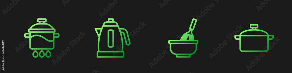Set line Kitchen whisk with bowl, Cooking pot, Electric kettle and . Gradient color icons. Vector