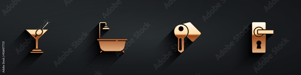 Set Martini glass, Bathtub with shower, Hotel door lock key and Door handle icon with long shadow. V