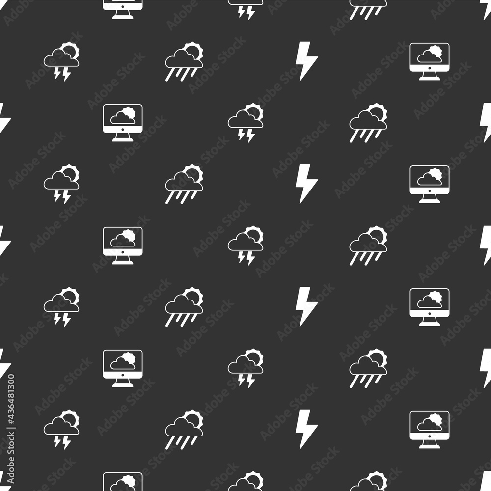 Set Lightning bolt, Weather forecast, Storm and Cloud with rain and sun on seamless pattern. Vector