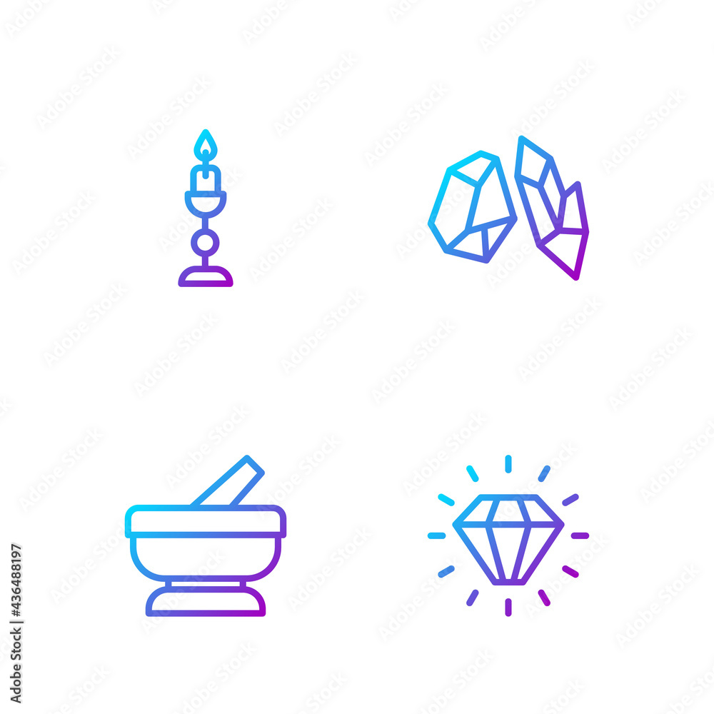 Set line Diamond, Mortar and pestle, Burning candle and Magic stone. Gradient color icons. Vector