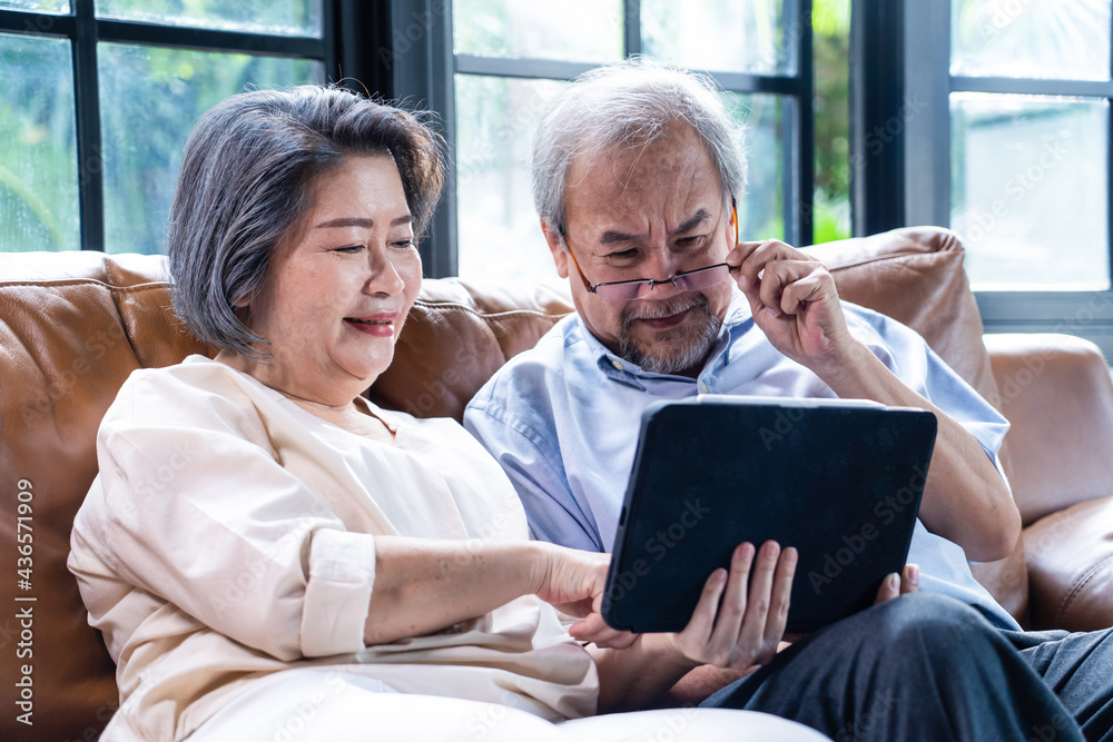 老爷爷奶奶夫妇在家用笔记本电脑看新闻聊天