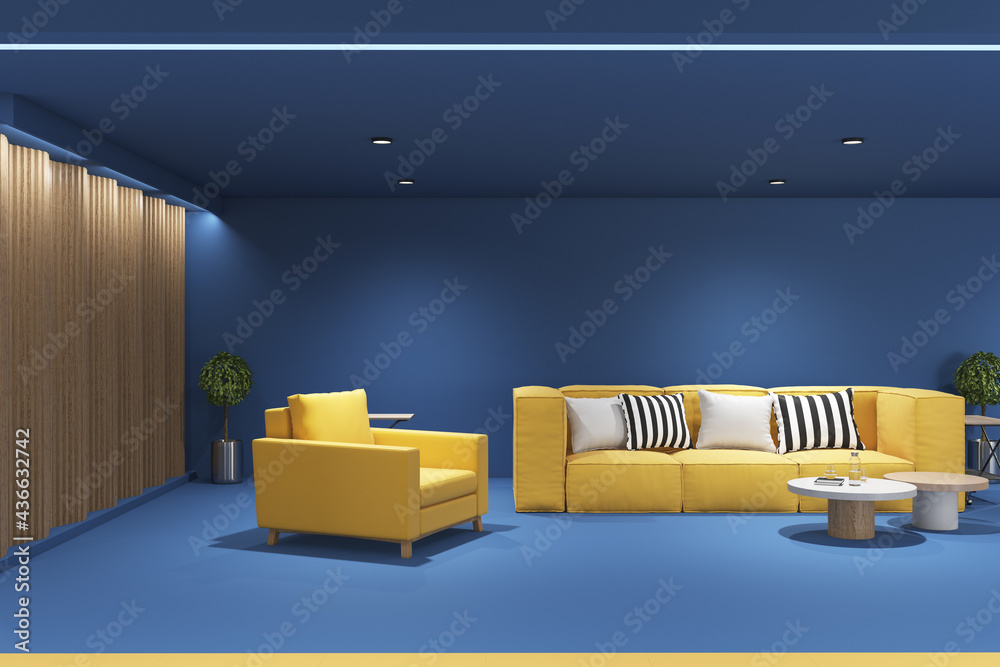 富有创意的蓝色办公室内部，黄色家具和木墙。设计理念。3D渲染。