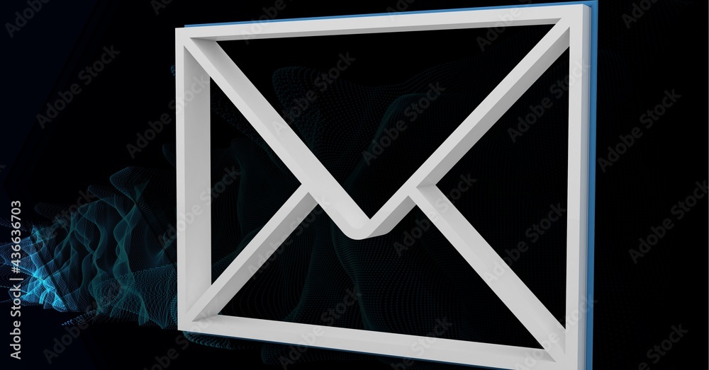 Composition of 3d white envelope email icon and small blue light trails on black background