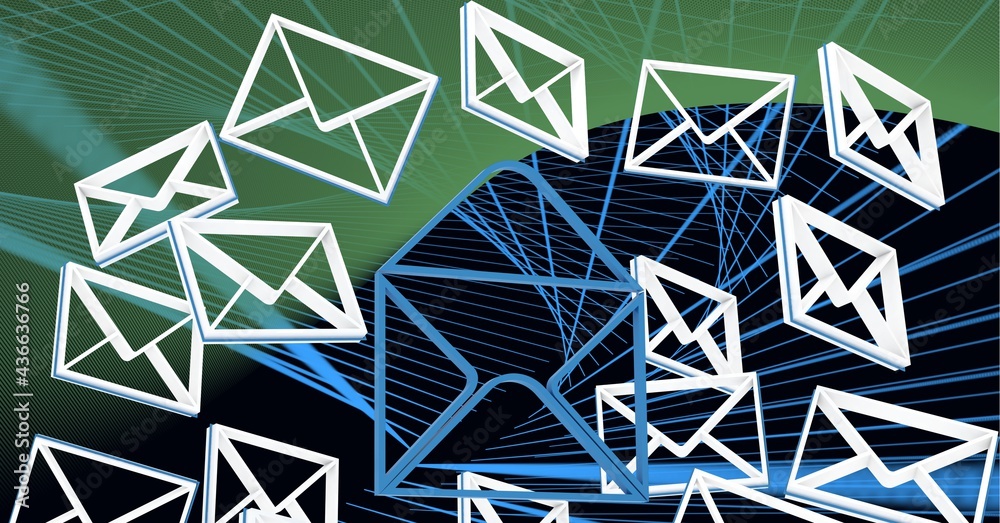 Composition of blue open envelope and white envelope email icons with blue lines on green and black