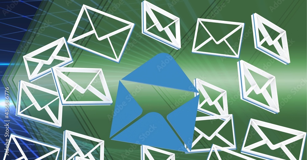 蓝色打开信封和白色信封电子邮件图标在亮绿色和蓝色线条上的组合