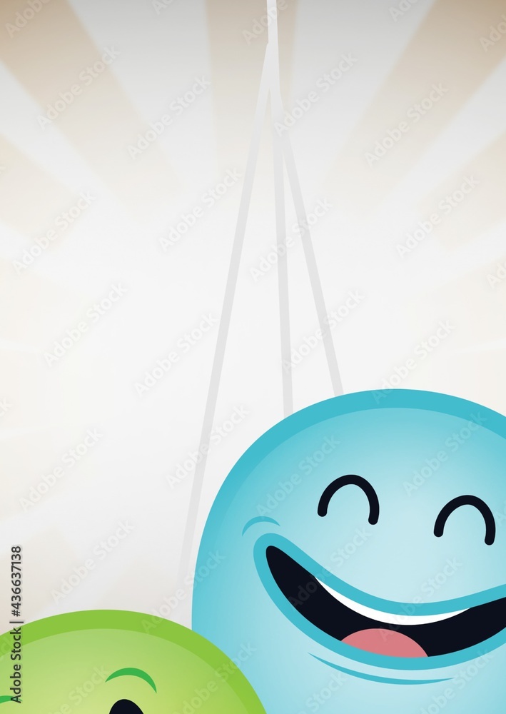 一个蓝色和一个绿色气球的组成，浅棕色条纹和白色背景上有幸福的面孔