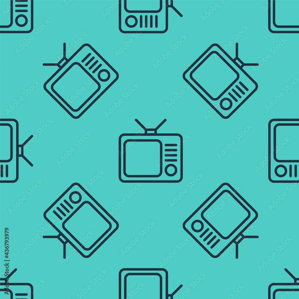 Black line Retro tv icon isolated seamless pattern on green background. Television sign. Vector Illu