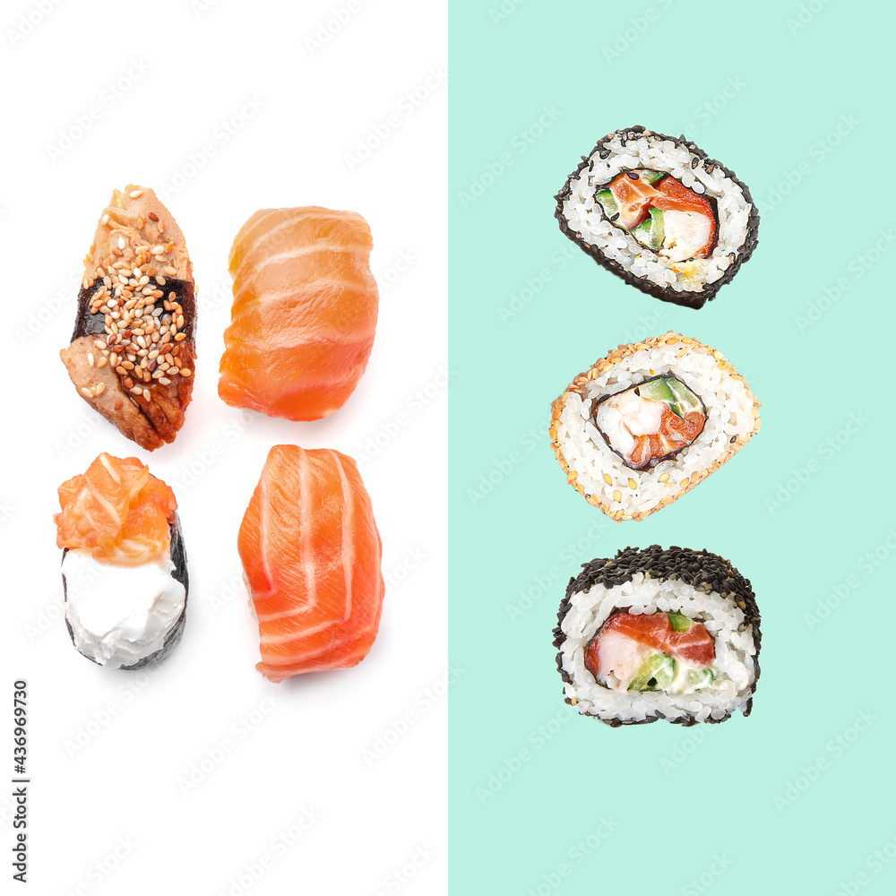 Set of tasty sushi on color background
