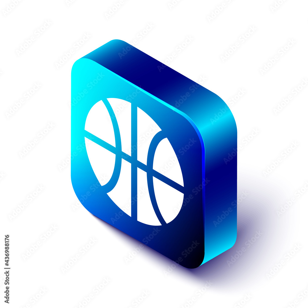 白色背景上隔离的等距篮球图标。运动符号。蓝色方形按钮。Vecto