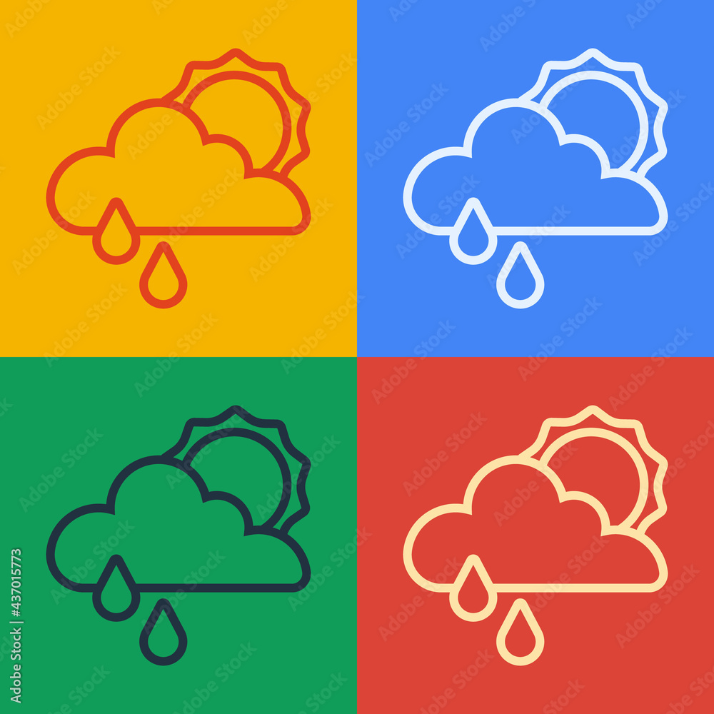 流行艺术线云与雨和太阳图标隔离在彩色背景上。雨云降水智慧