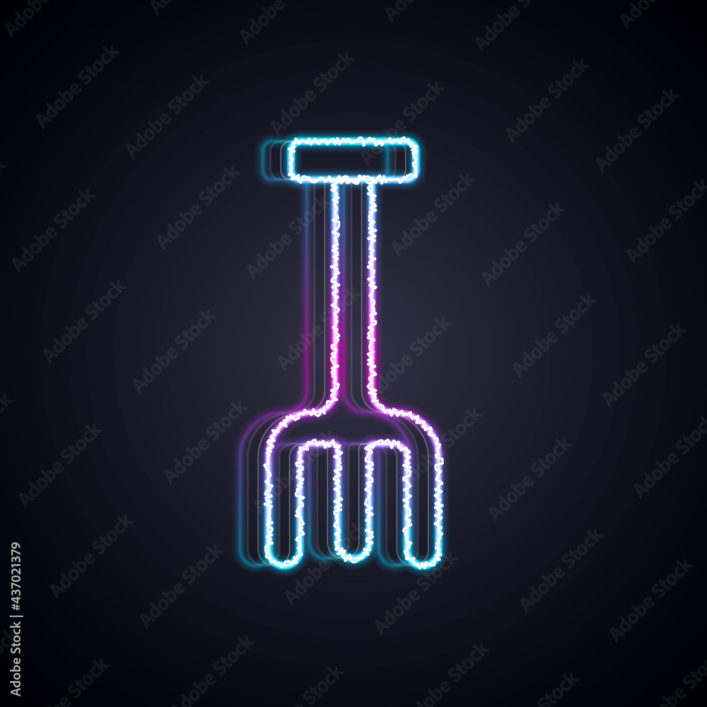 Glowing neon line Garden rake icon isolated on black background. Tool for horticulture, agriculture,