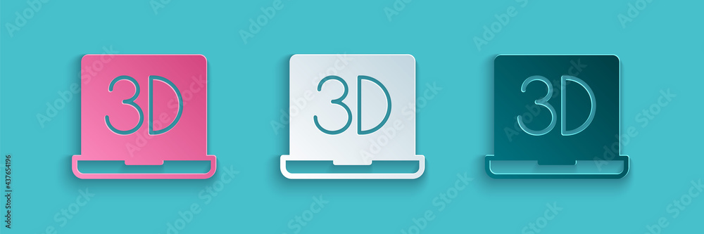 蓝色背景上隔离的剪纸3D打印机图标。3D打印。纸质艺术风格。矢量