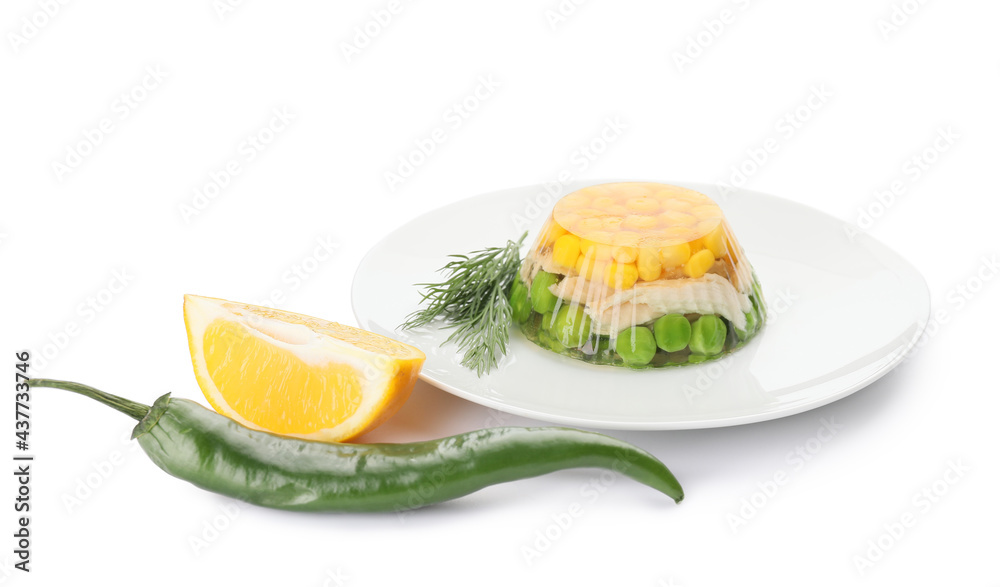 Plate with tasty aspic on white background