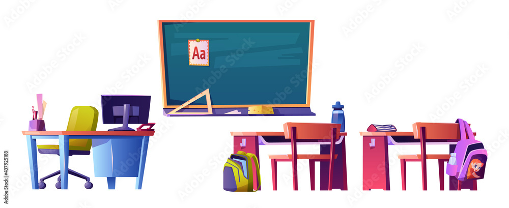 黑板上有abc材料，教师桌上有个人电脑，儿童桌上有书包