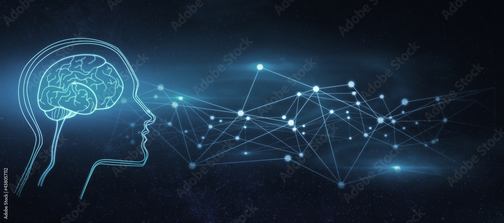 蓝色背景下的抽象发光数字大脑界面，多边形网格。人工智能和技术概念