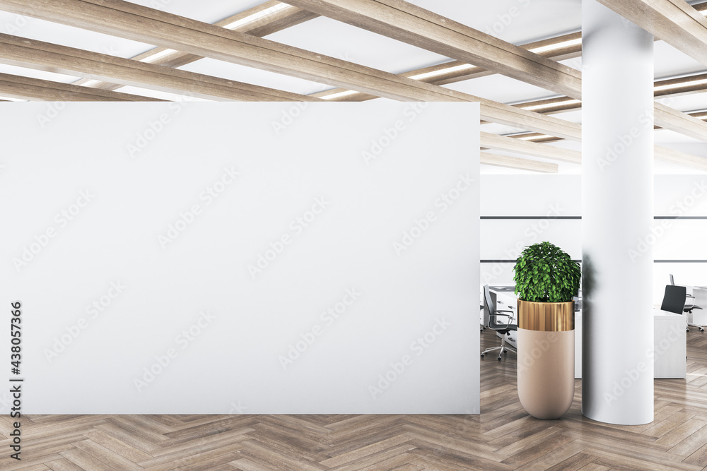 Modern concrete office interior with mockup wall and wooden floor. Advertisement concept. 3D Renderi