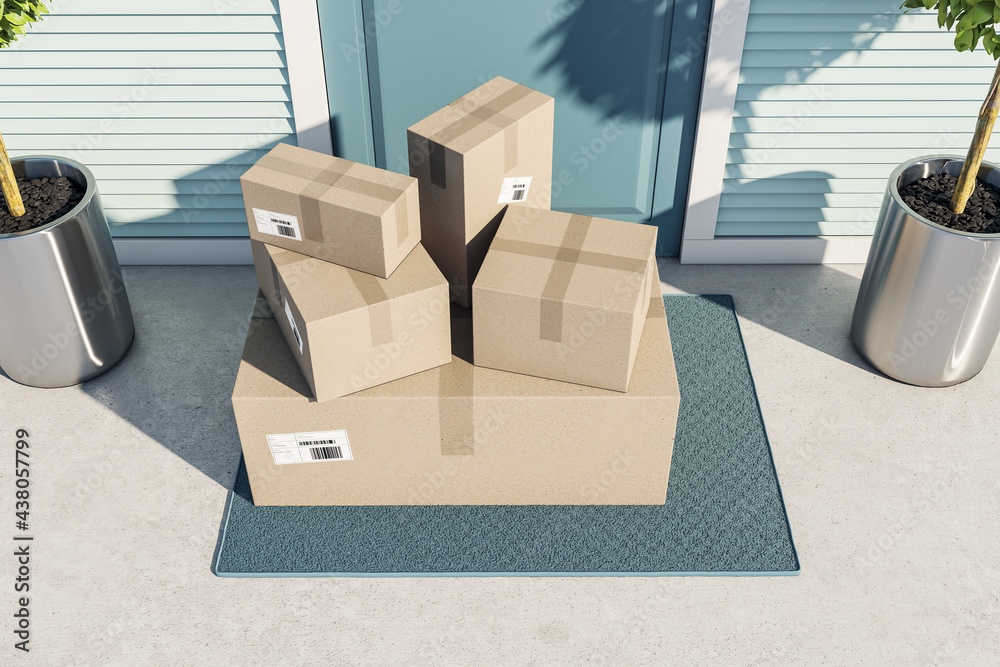 户外入口附近的门垫上有纸板箱的邮政投递或移动概念。3D效果图