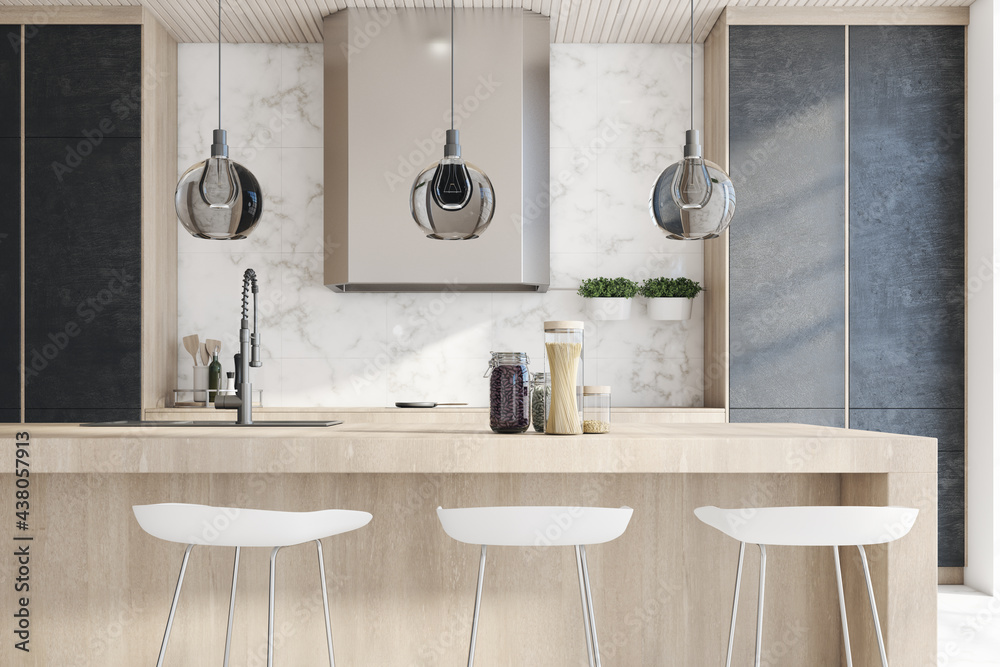 现代厨房内部，带岛、电器和日光。设计理念。3D渲染。