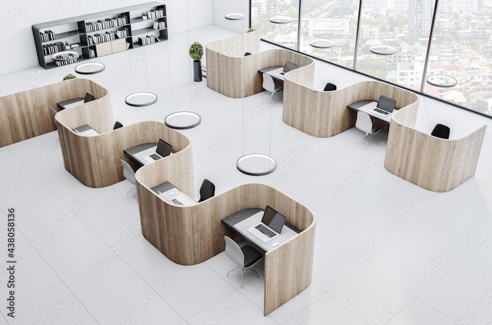 Modern corporate coworking office interior with furniture, wooden and concrete walls and floor, wind