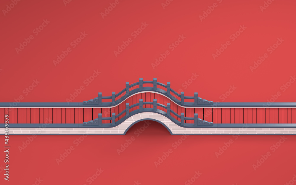 红色背景的中式桥梁，三维渲染
