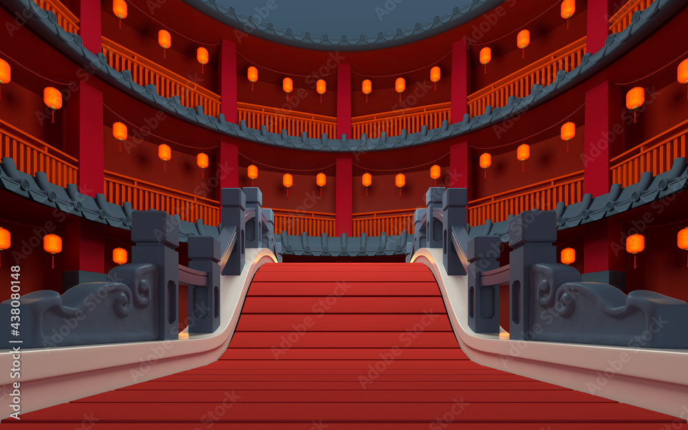 红色室内背景的中式桥梁，3d渲染。
