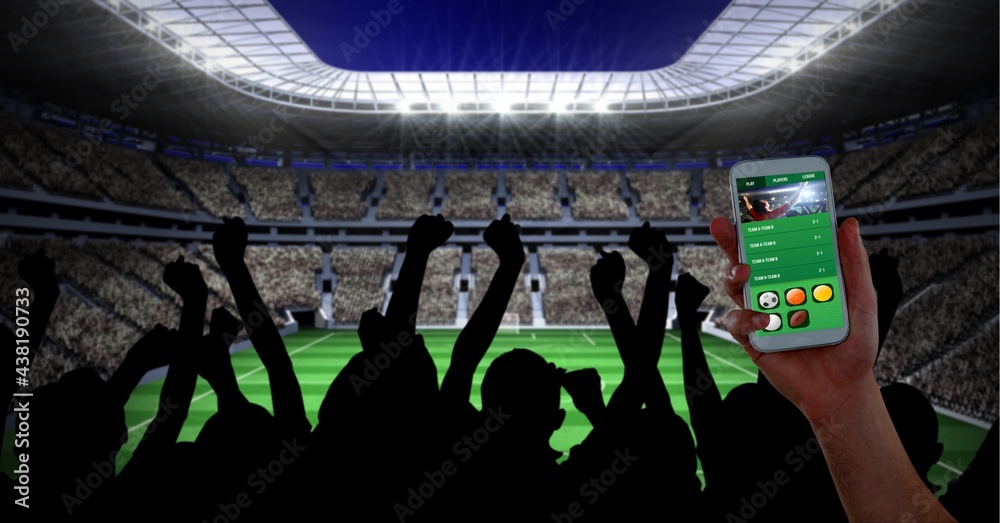 男子在体育场使用智能手机和体育应用程序战胜球迷的构成