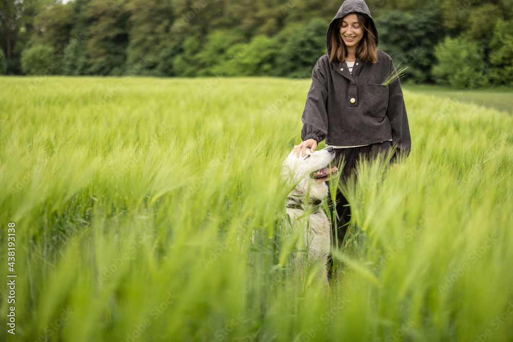 Woman with big white sheepdog walking on green rye field. Farming and countryside life. 