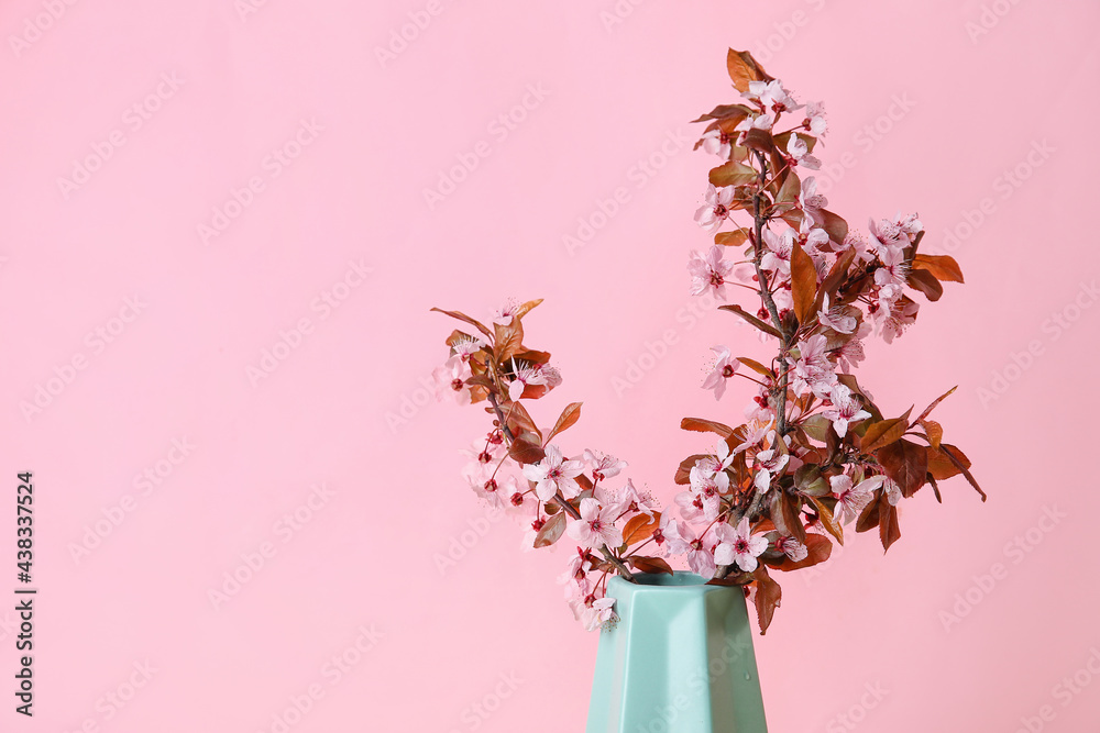 彩色背景上有美丽的开花树枝的花瓶