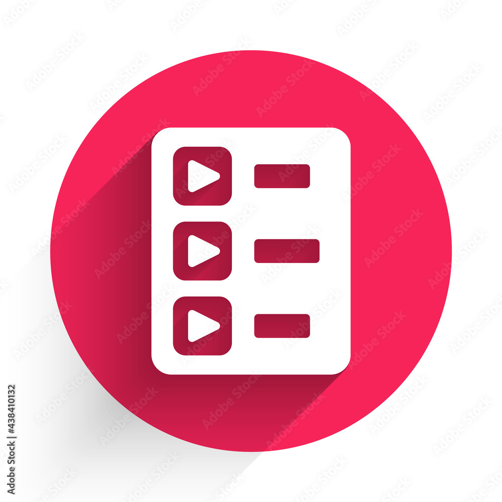 White Music playlist icon isolated with long shadow. Red circle button. Vector