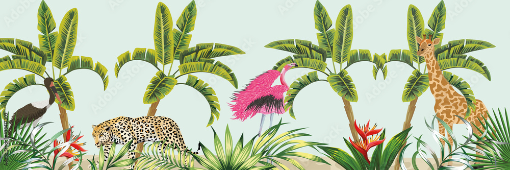 热带背景下不同丛林动物的插图