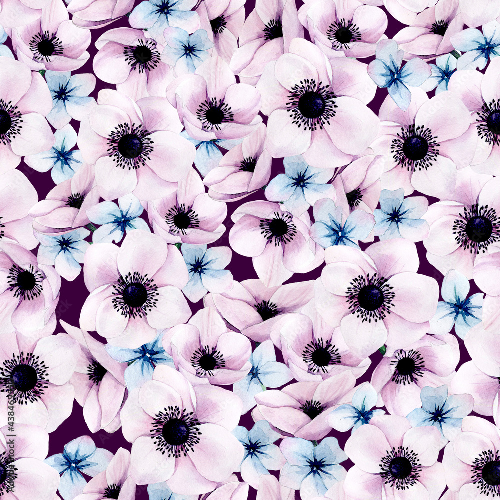 watercolor seamless pattern with cute pink and blue hydrangea and anemones flowers on dark backgroun
