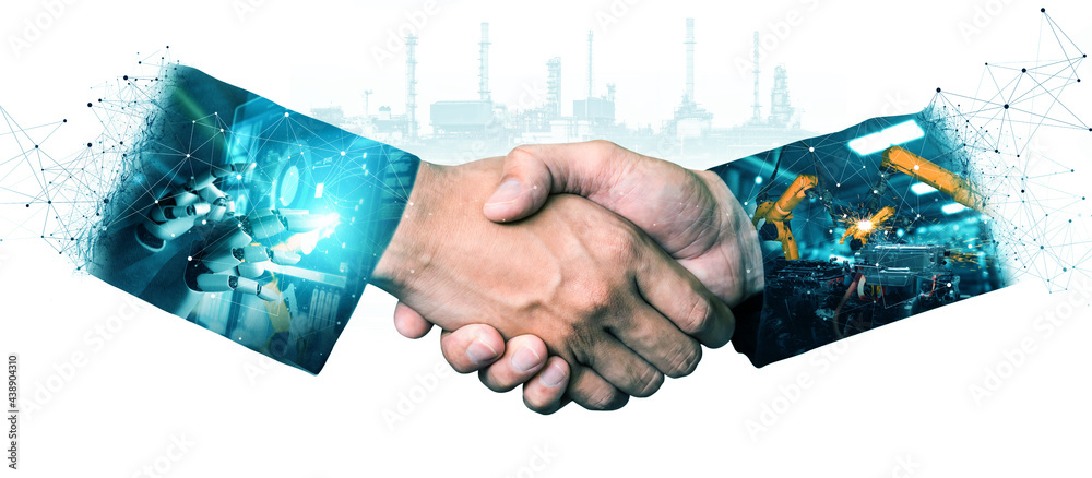 机械化工业机械臂与商务握手双曝光。成功合作的理念