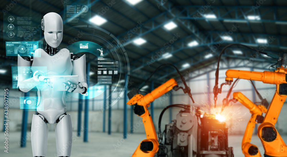 工厂生产中用于组装的机械化工业机器人和机械臂。人工概念