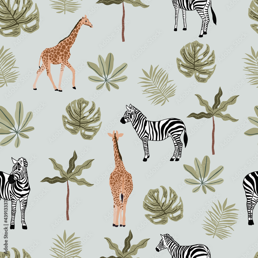 带有长颈鹿、斑马、树叶的Safari背景。背景的扇形插图无缝图案，wallpa